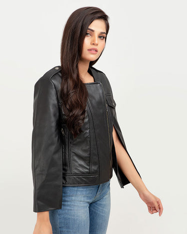 Zendaya Split-Sleeve Cropped Black Leather Jacket - Right