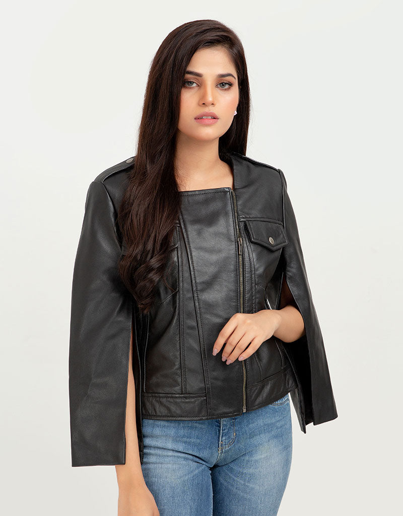 Zendaya Split-Sleeve Cropped Black Leather Jacket - Zipped