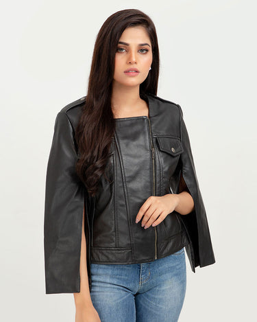 Zendaya Split-Sleeve Cropped Black Leather Jacket - Zipped