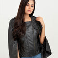 Zendaya Split-Sleeve Cropped Black Leather Jacket - Zoom