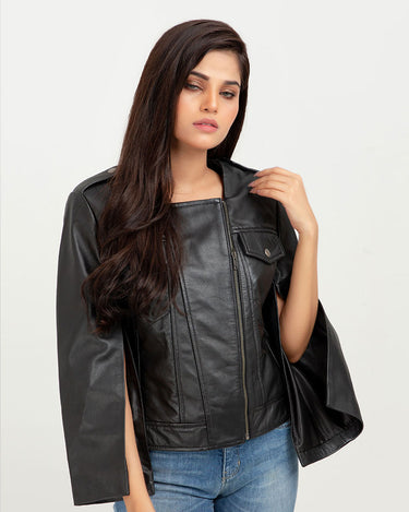 Zendaya Split-Sleeve Cropped Black Leather Jacket - Zoom