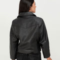 Zip Up Black Leather Biker Jacket - Back