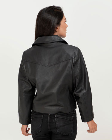 Zip Up Black Leather Biker Jacket - Back