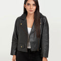 Zip Up Black Leather Biker Jacket - Front