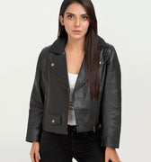 Zip Up Black Leather Biker Jacket - Front