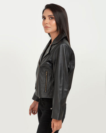 Zip Up Black Leather Biker Jacket - Left