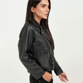 Zip Up Black Leather Biker Jacket - Right