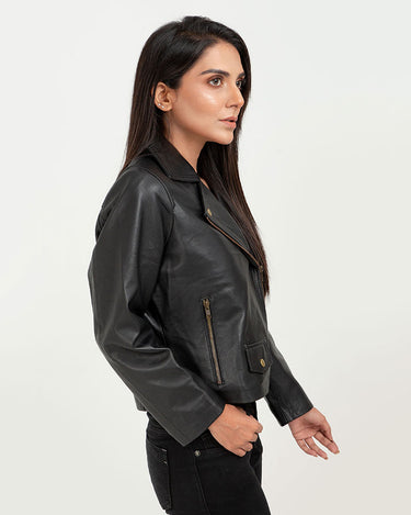 Zip Up Black Leather Biker Jacket - Right