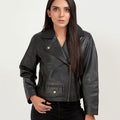 Zip Up Black Leather Biker Jacket - Zipped