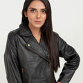 Zip Up Black Leather Biker Jacket - Zoom