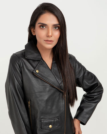 Zip Up Black Leather Biker Jacket - Zoom