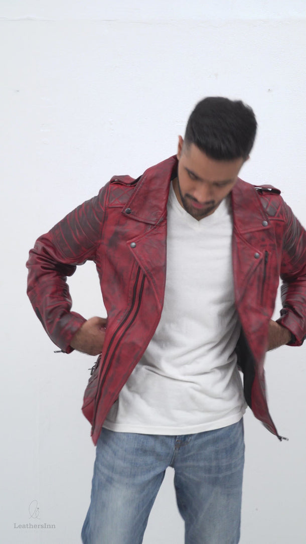 Orson Burgundy Distressed Biker Leather Jacket - Video