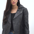 Avery Puff-Detailed Black Leather Biker Jacket - Video