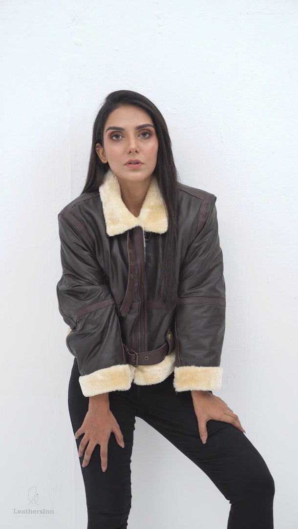 Karen Short Shearling Aviator Brown Leather Jacket - Video