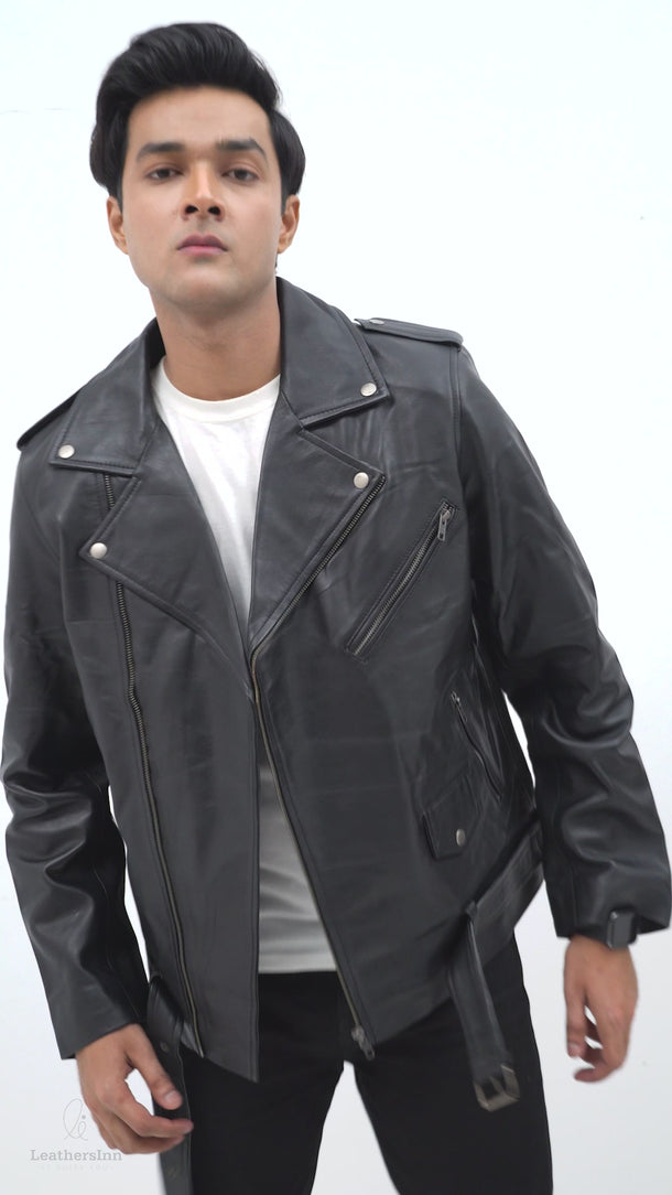 Damon Black Leather Belted Biker Jacket - Video