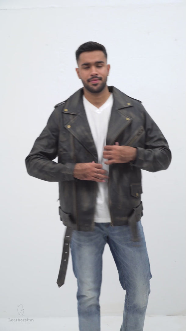 Damon Distressed Brown Leather Belted Biker Jacket - Video