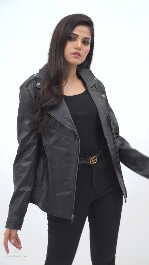 Sierra Black Leather Biker Jacket - Video