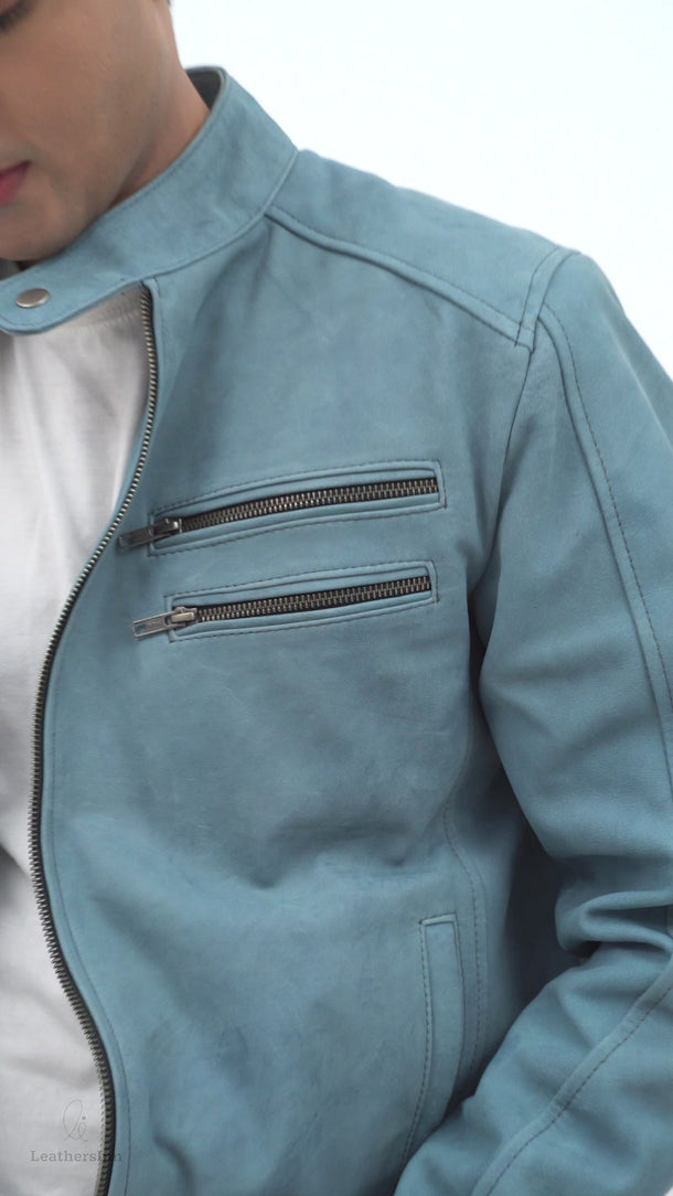 Dempsey Sky-Blue Racer Matte Leather Jacket - Video