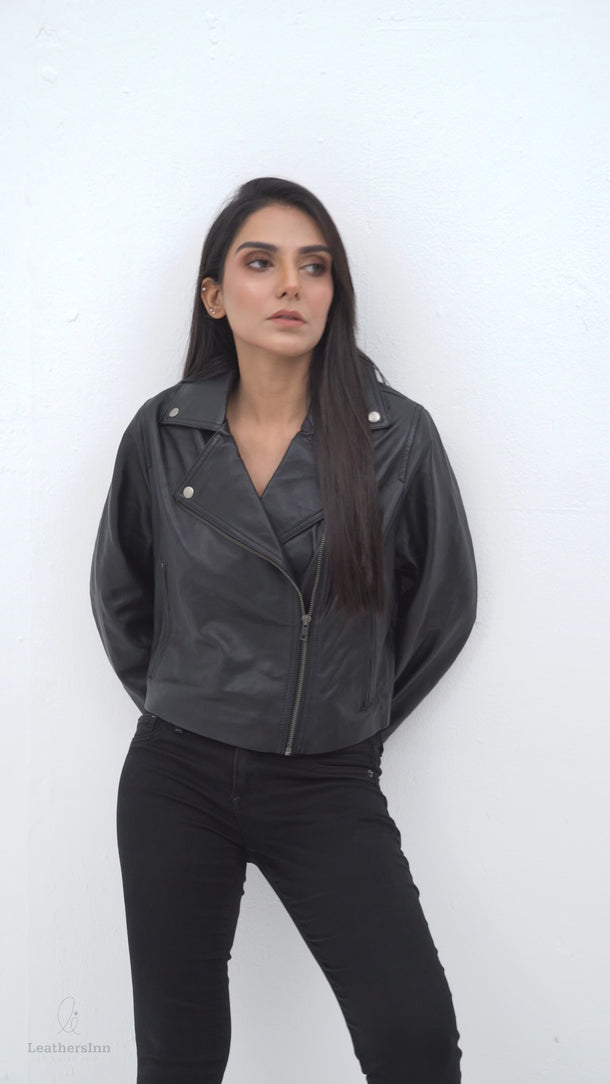 Lavina Sheen Black Leather Biker Jacket - Video