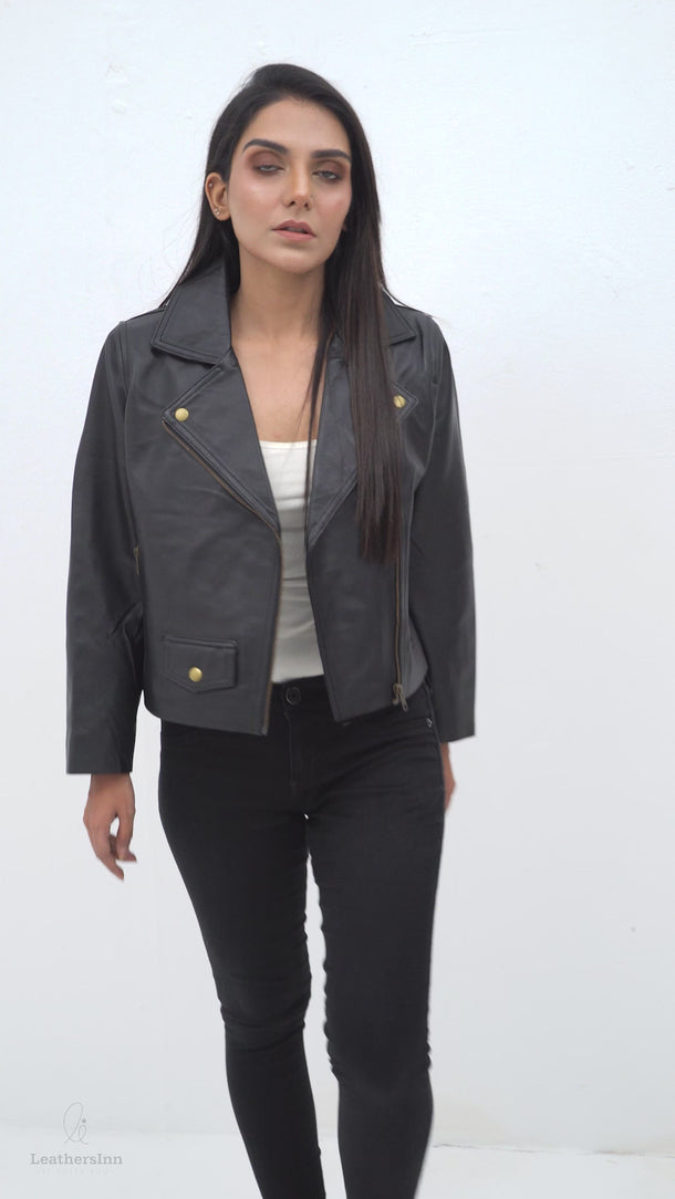 Zip Up Black Leather Biker Jacket - Video