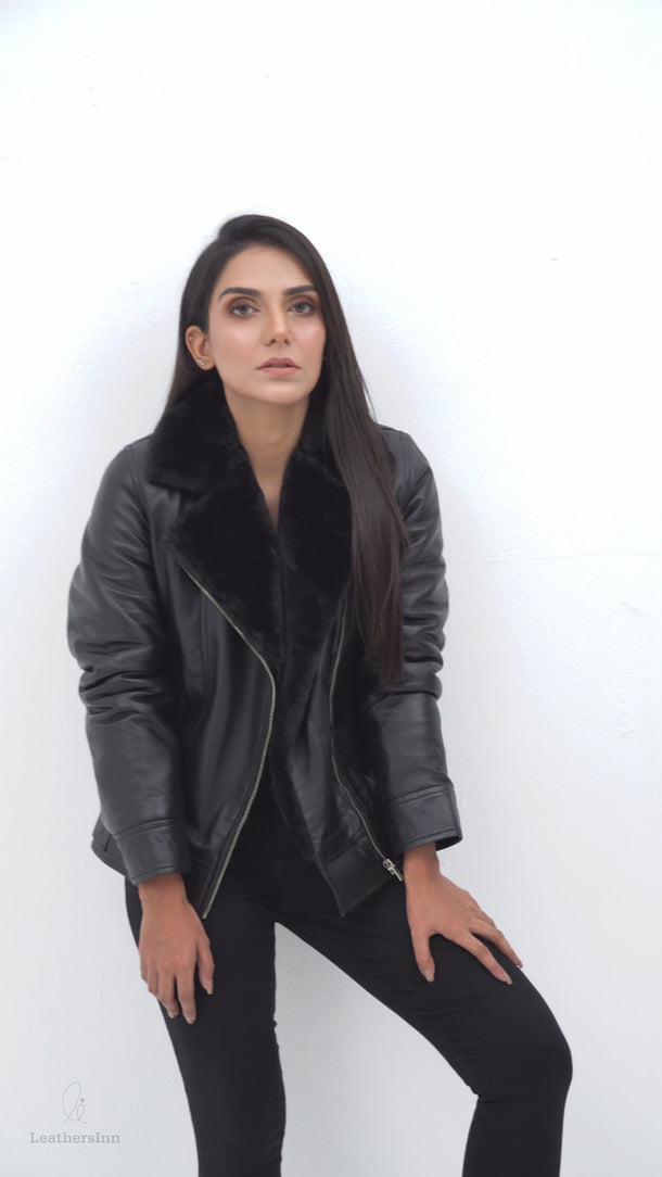 Emalyn Black Biker Leather Jacket - Video