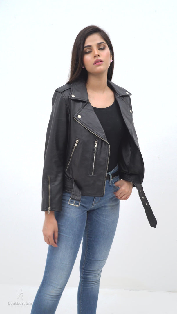 Opal Riveted Black Leather Biker Jacket - Video