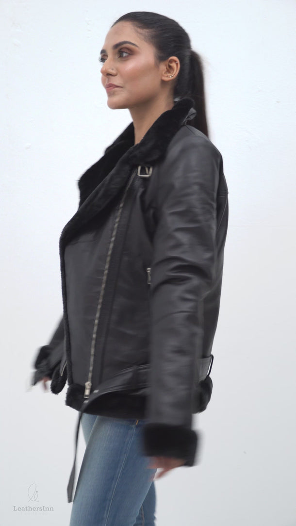 Serena Aviator Black Leather Jacket - Video