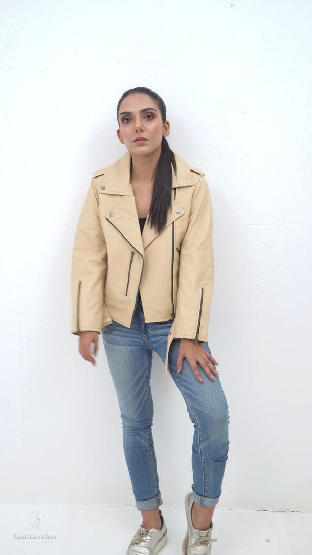 Opal Riveted Beige Leather Biker Jacket - Video