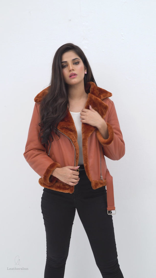 Kate Red-Orange Aviator Leather Jacket - Video