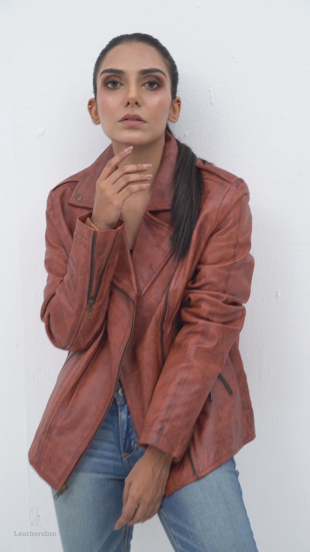 Sierra Brown Leather Biker Jacket - Video