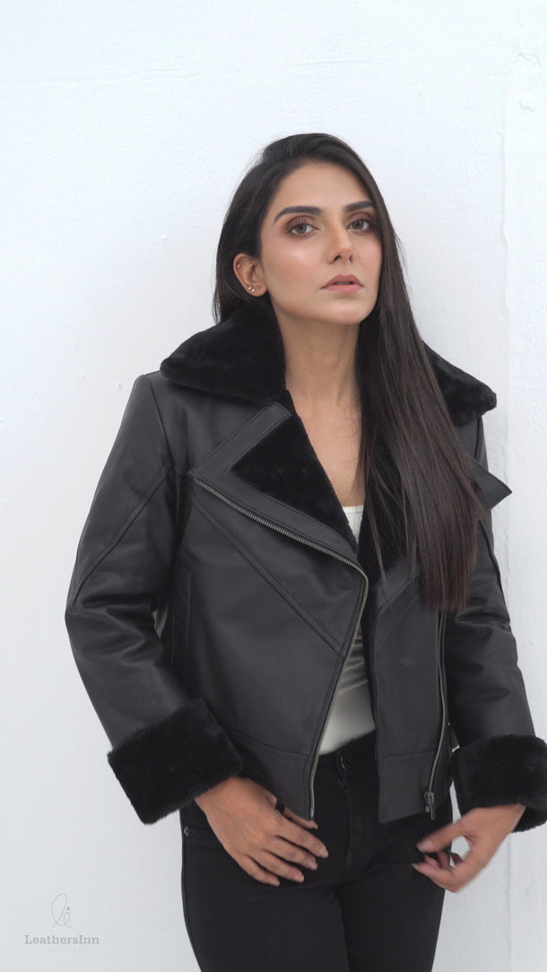 Edwina Black Aviator Leather Jacket - Video