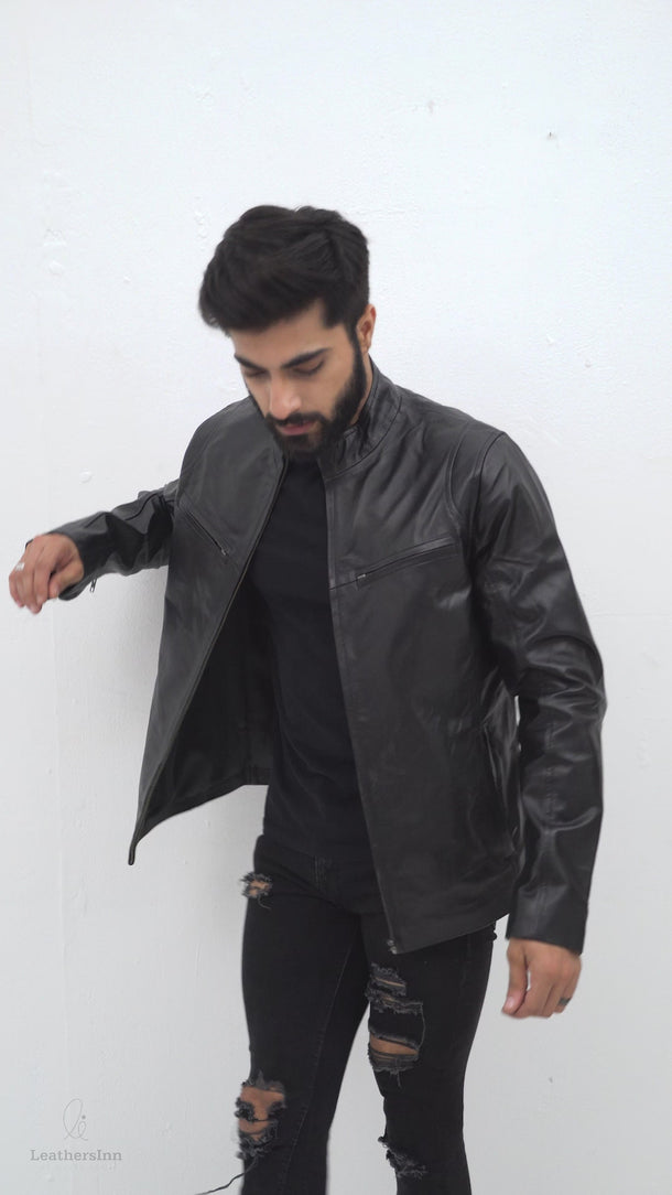 Raul Slim-Fit Ionic Black Leather Jacket - Video