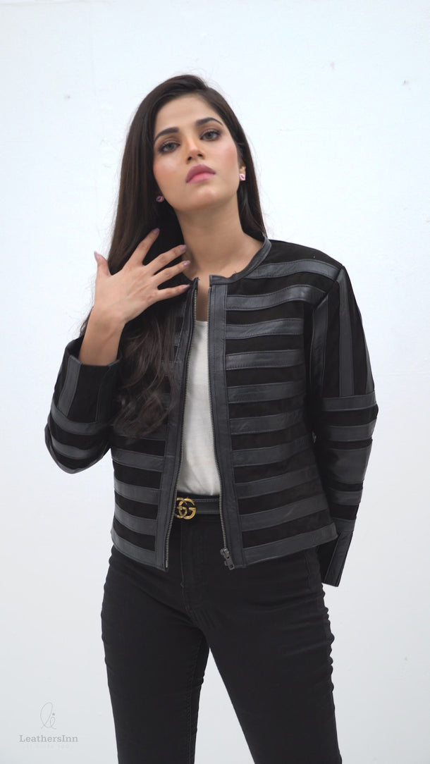 Gigi Sheer Striped Cropped Black Leather Jacket - Video