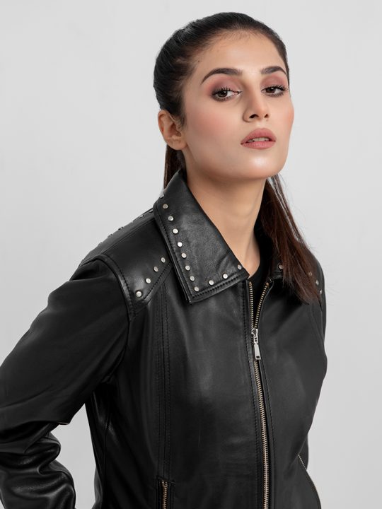 Buy Camilla Stud-Embellished Black Leather Jacket - LeathersInn