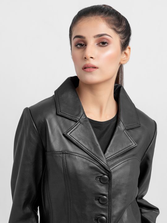 Constance Corset Black Leather Buttoned Jacket - Zoomed