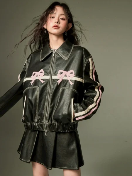 Bow Leather Jacket for Women