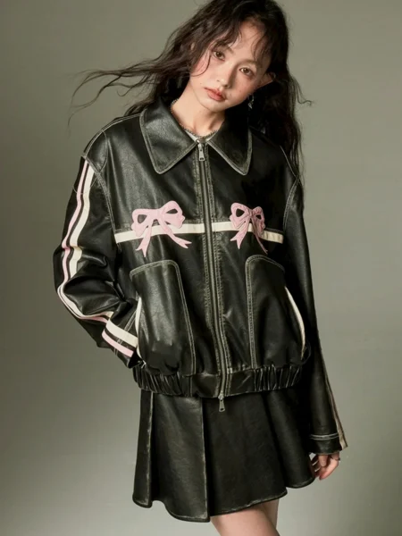 Women Leather Jacket with Bow